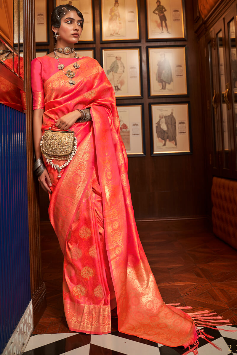 Beautiful Pink Kanjivaram Silk Saree With Adorning Blouse Piece