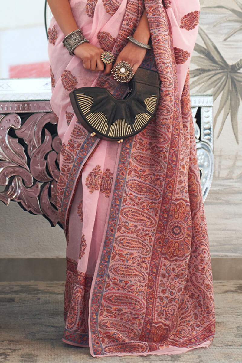 Alluring Baby Pink Pashmina saree With Glowing Blouse Piece