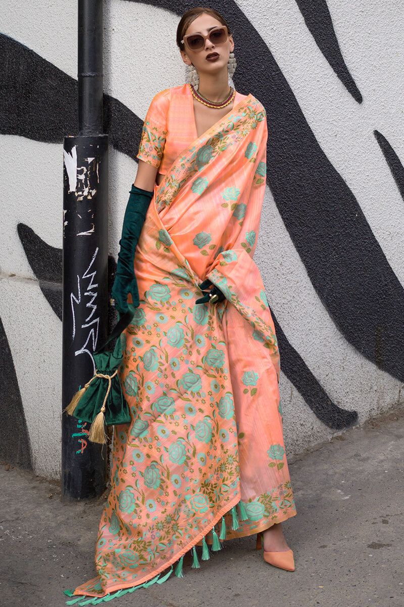 Imaginative Orange Parsi Handloom Woven Banarasi Silk Saree With Blouse Piece