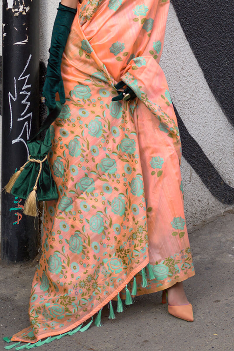 Imaginative Orange Parsi Handloom Woven Banarasi Silk Saree With Blouse Piece