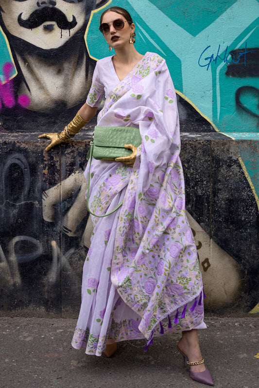 Adoring Lavender Parsi Handloom Woven Banarasi Silk Saree With Blouse Piece