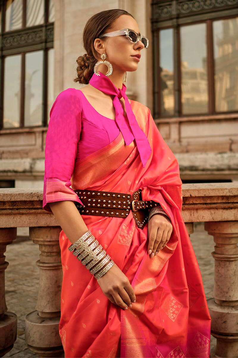 Charming Pink Soft Banarasi Silk Saree With Designer Blouse Piece