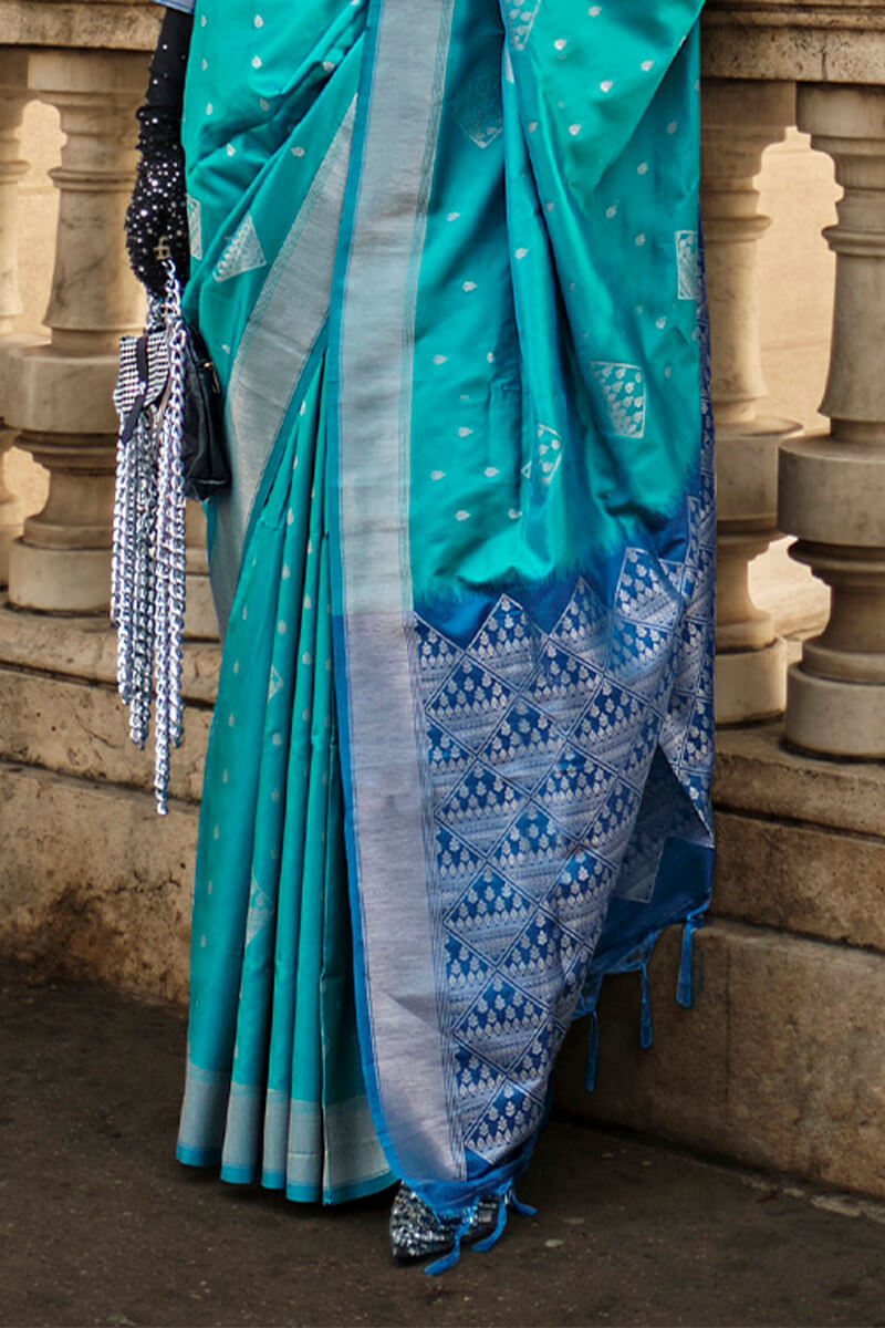 Classic Firozi Soft Banarasi Silk Saree With Opulent Blouse Piece