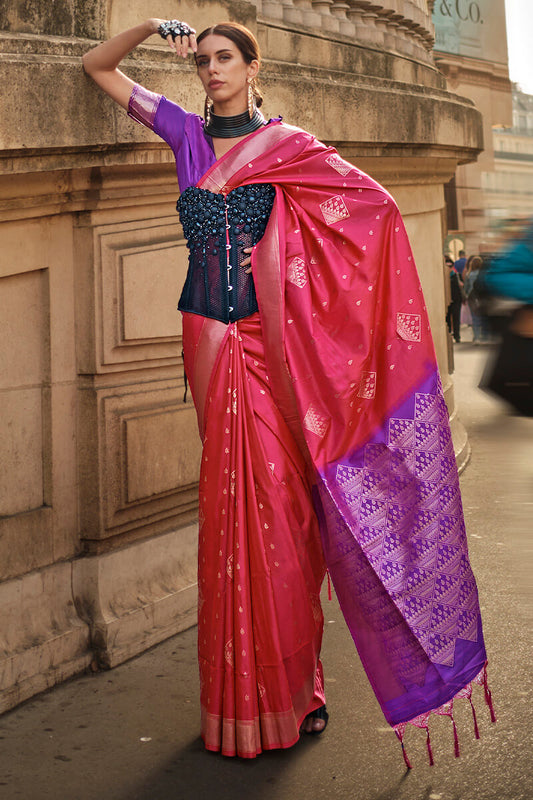 Extraordinary Dark Pink Soft Banarasi Silk Saree With Mesmerising Blouse Piece