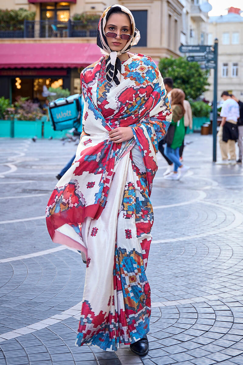 Gossamer Off White Digital Printed Satin Silk Saree With Lagniappe Blouse Piece