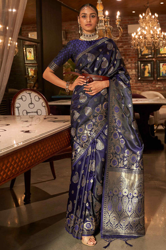 Capricious Navy Blue Soft Banarasi Silk Saree With Deserving Blouse Piece