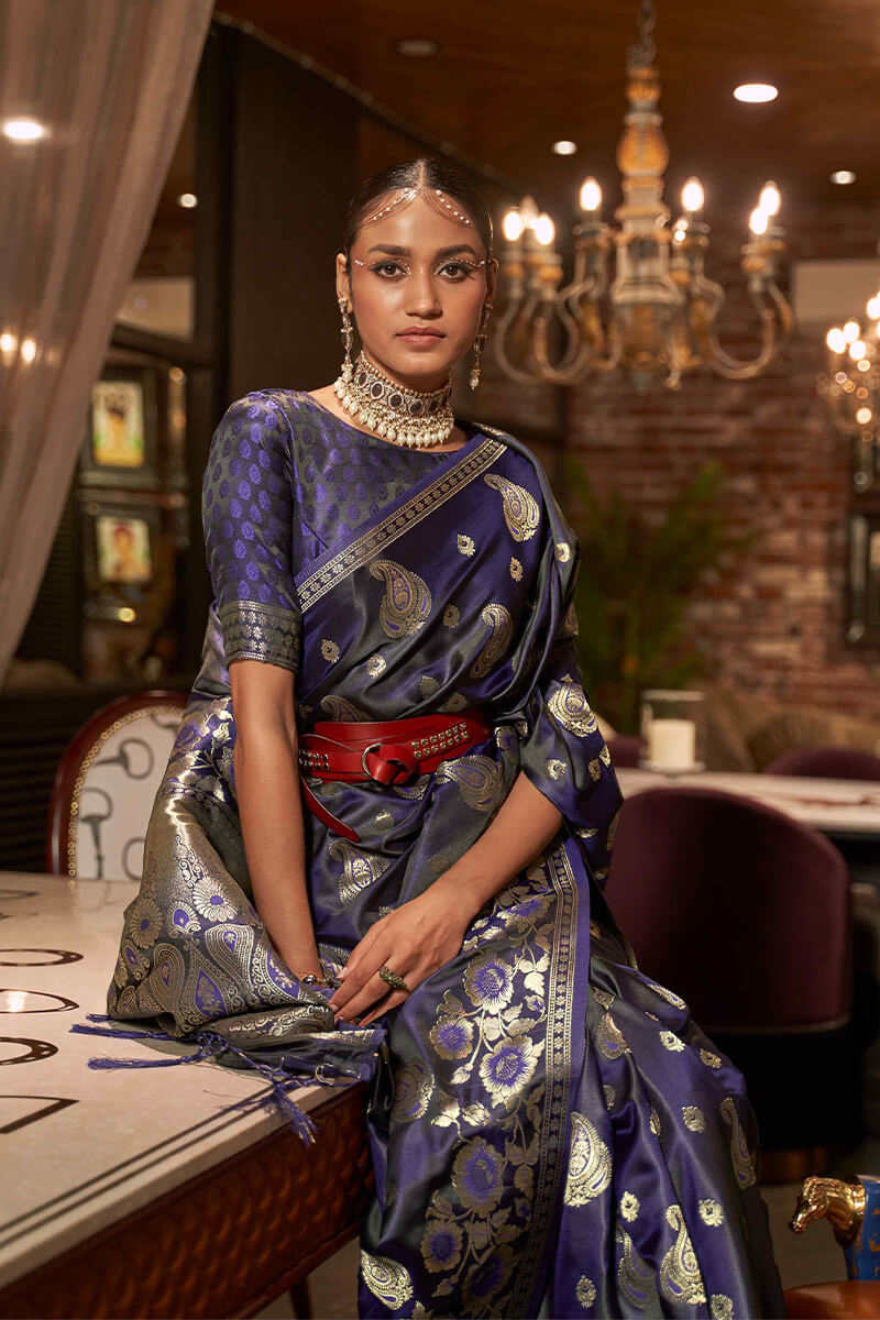 Capricious Navy Blue Soft Banarasi Silk Saree With Deserving Blouse Piece