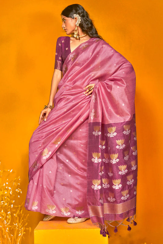 Dazzling Pink Soft Banarasi Silk Saree With Charming Blouse Piece