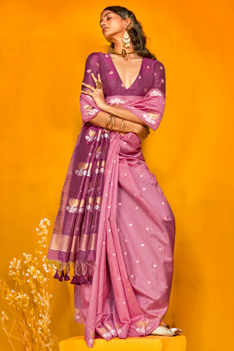 Dazzling Pink Soft Banarasi Silk Saree With Charming Blouse Piece