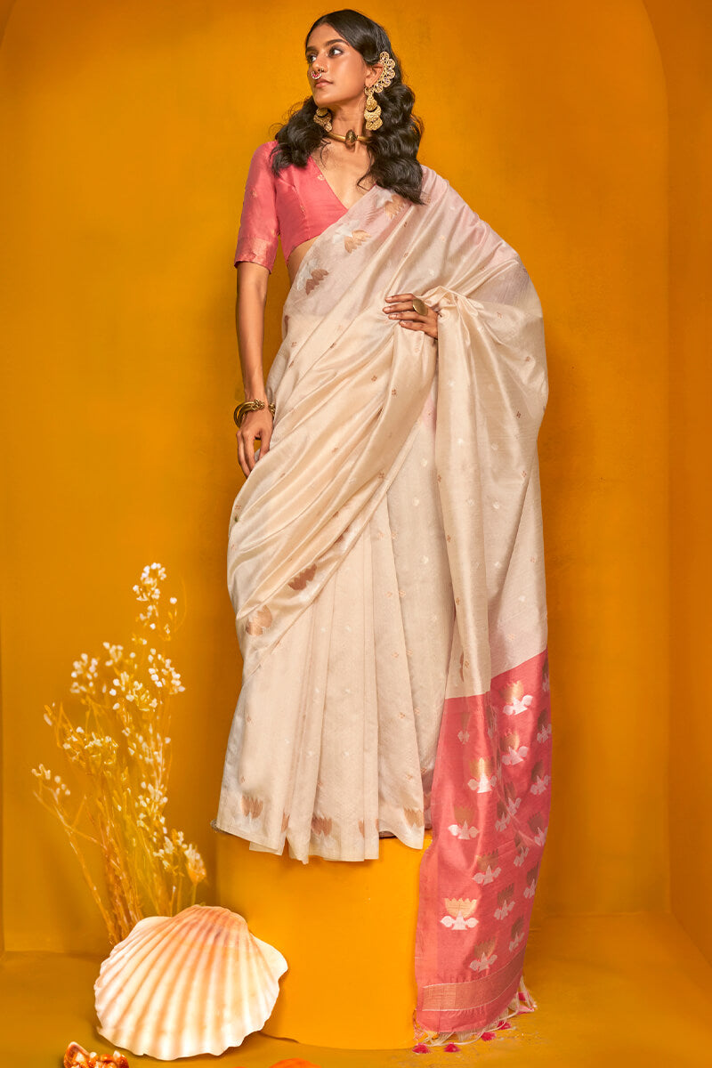 Designer Beige Soft Banarasi Silk Saree With Arresting Blouse Piece