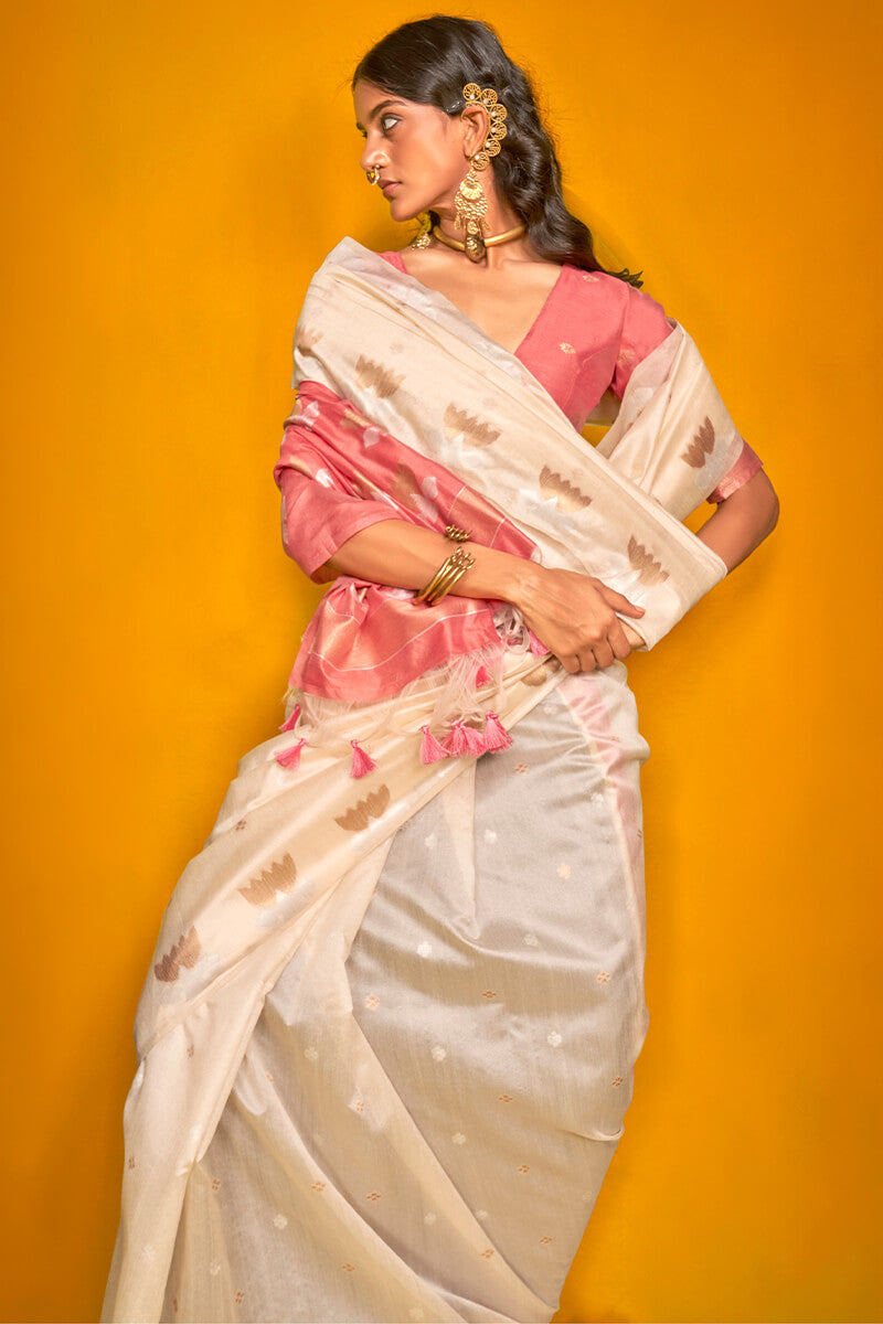 Designer Beige Soft Banarasi Silk Saree With Arresting Blouse Piece