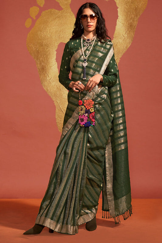 Jazzy Dark Green Soft Banarasi Silk Saree With Hypnotic Blouse