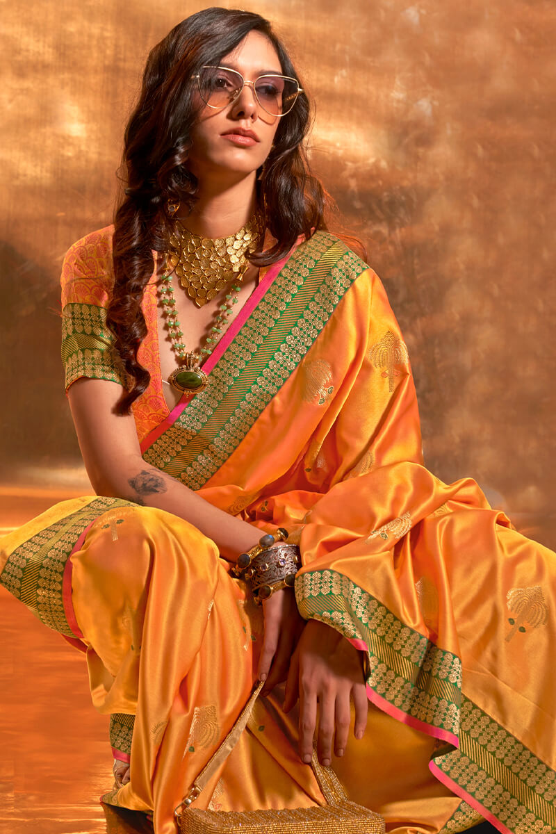 Classy Orange Soft Banarasi Silk Saree With Pretty Blouse