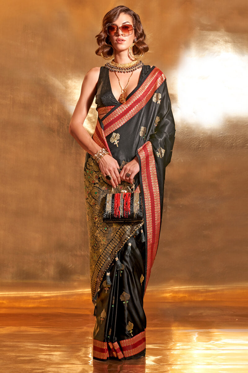 Gorgeous Black Soft Banarasi Silk Saree With Stylish Blouse