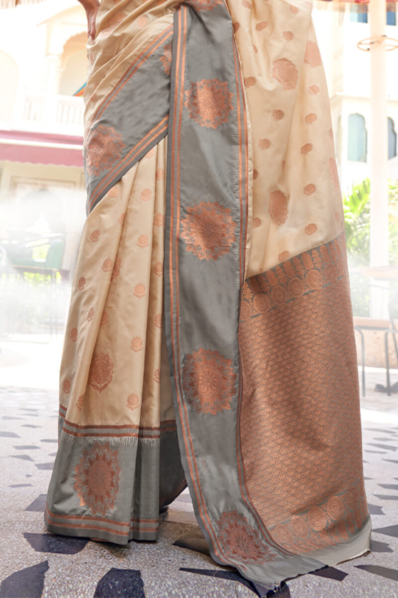 Ebullience Grey Soft Banarasi Silk Saree With Angelic Blouse Piece