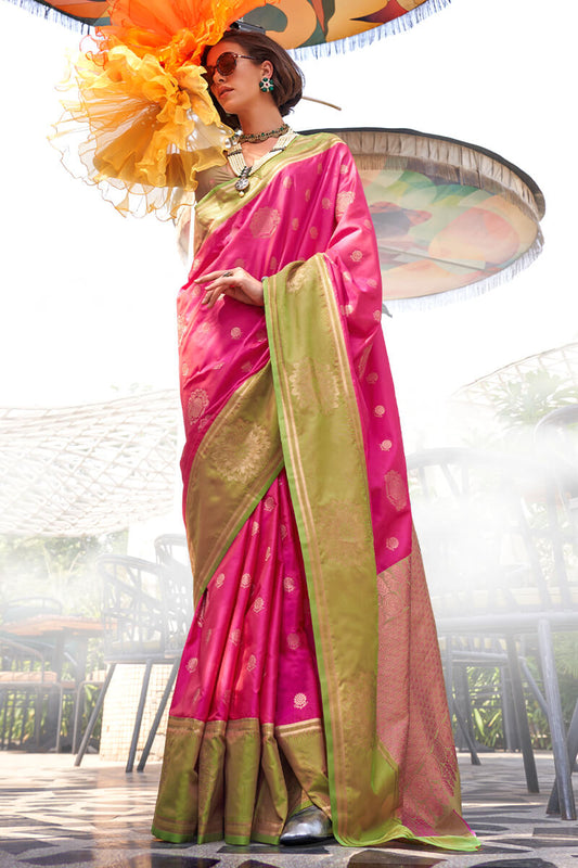 Mesmeric Dark Pink Soft Banarasi Silk Saree With Jazzy Blouse Piece