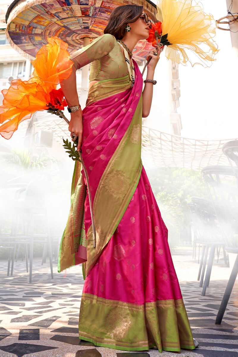 Mesmeric Dark Pink Soft Banarasi Silk Saree With Jazzy Blouse Piece