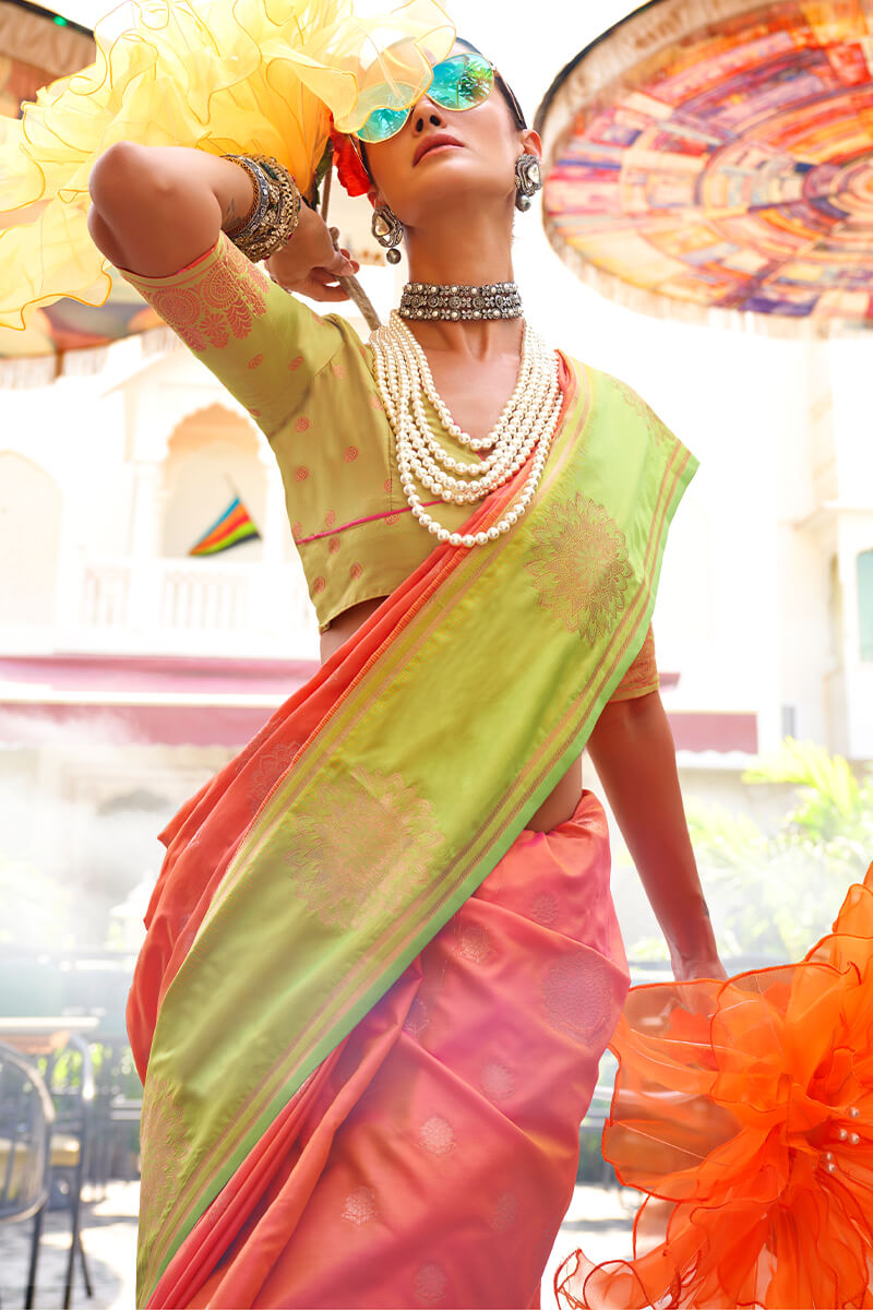 Classy Peach Soft Banarasi Silk Saree With Deserving Blouse Piece