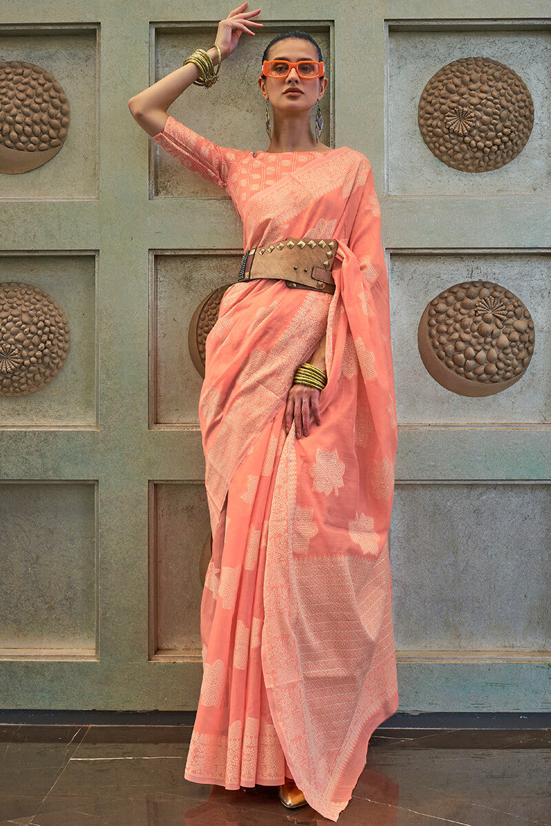 Gratifying Peach Lucknowi Silk Saree With Charming Blouse Piece