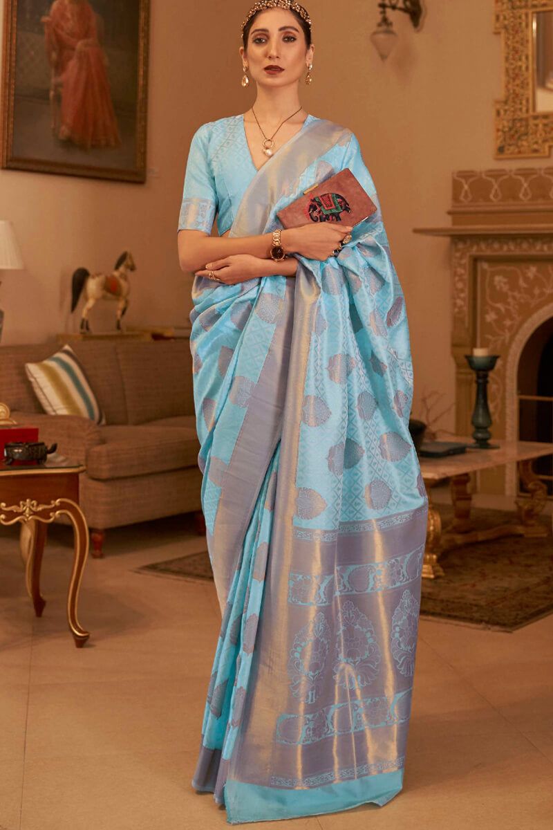 Elegant Sky Soft Banarasi Silk Saree With Sizzling Blouse Piece