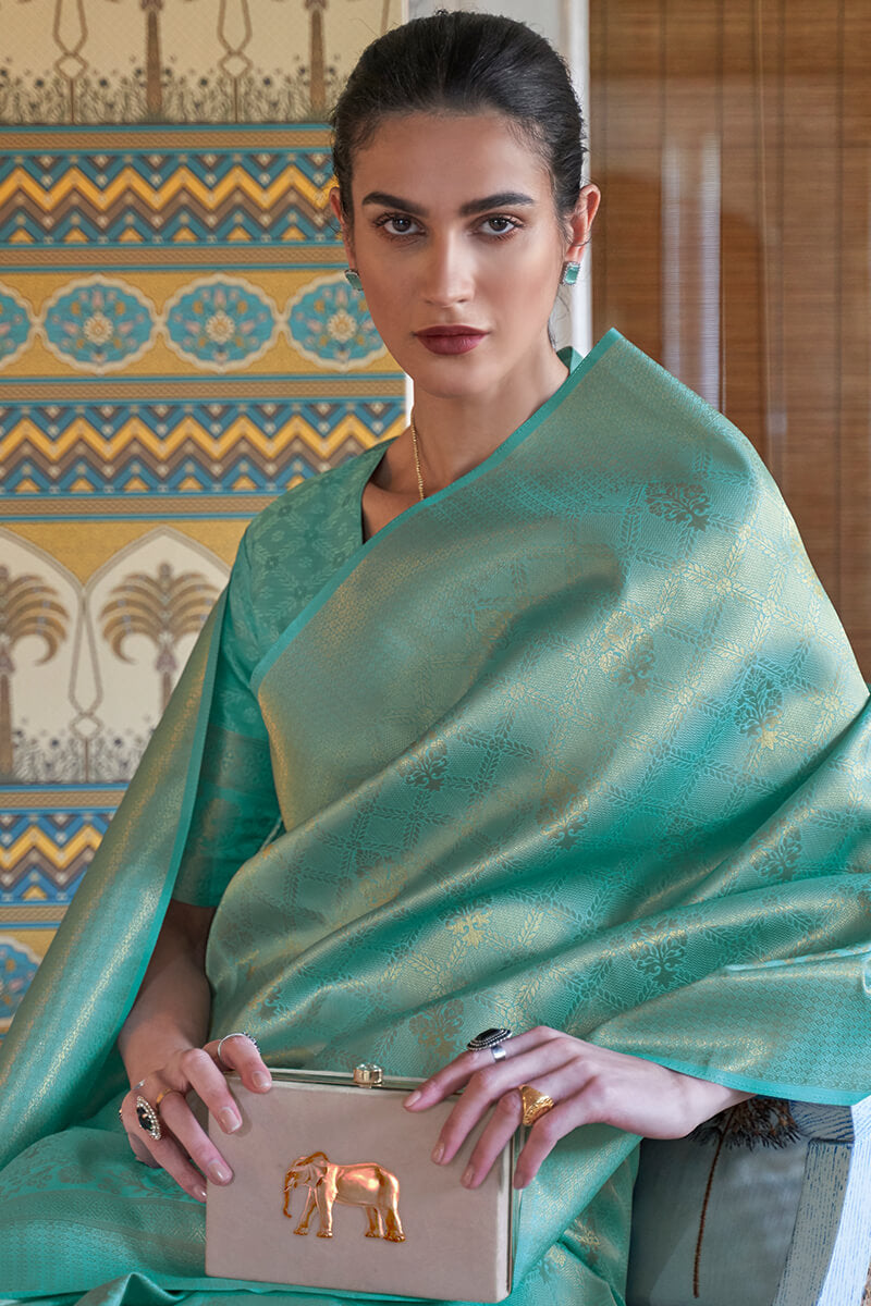 Gossamer Sea Green Kanjivaram Silk Saree With Palimpsest Blouse Piece