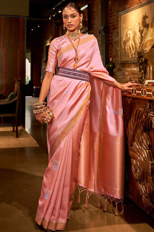 Exquisite Baby Pink Soft Banarasi Silk Saree With Beauteous Blouse Piece