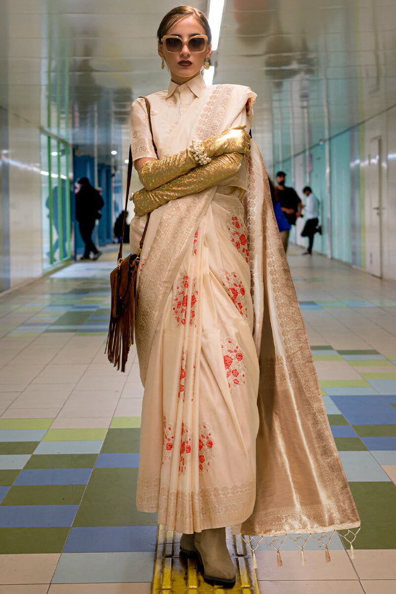 Brood Beige Soft Banarasi Silk Saree With Diaphanous Blouse Piece