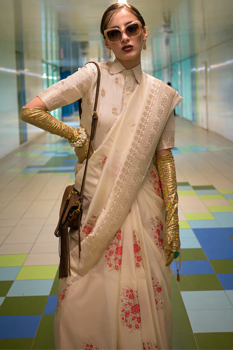 Brood Beige Soft Banarasi Silk Saree With Diaphanous Blouse Piece