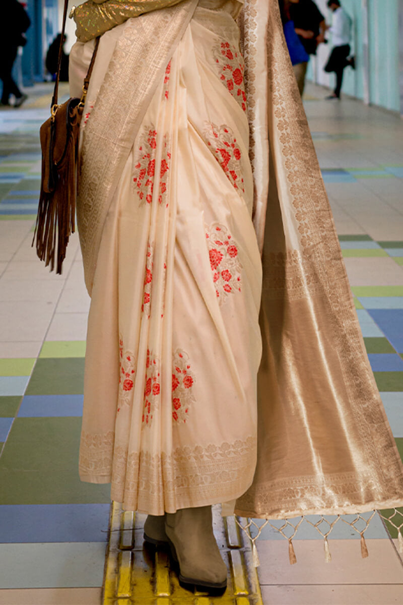 Brood Beige Soft Banarasi Silk Saree With Diaphanous Blouse Piece