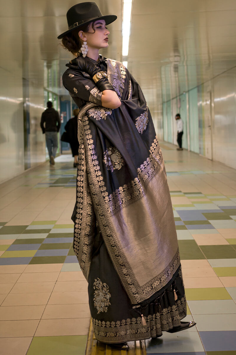 Devastating Black Soft Banarasi Silk Saree With Amiable Blouse Piece