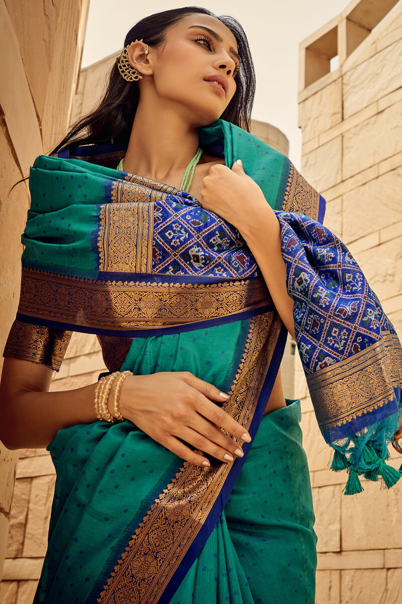 Imbrication Rama Patola Silk Saree with Ebullience Blouse Piece