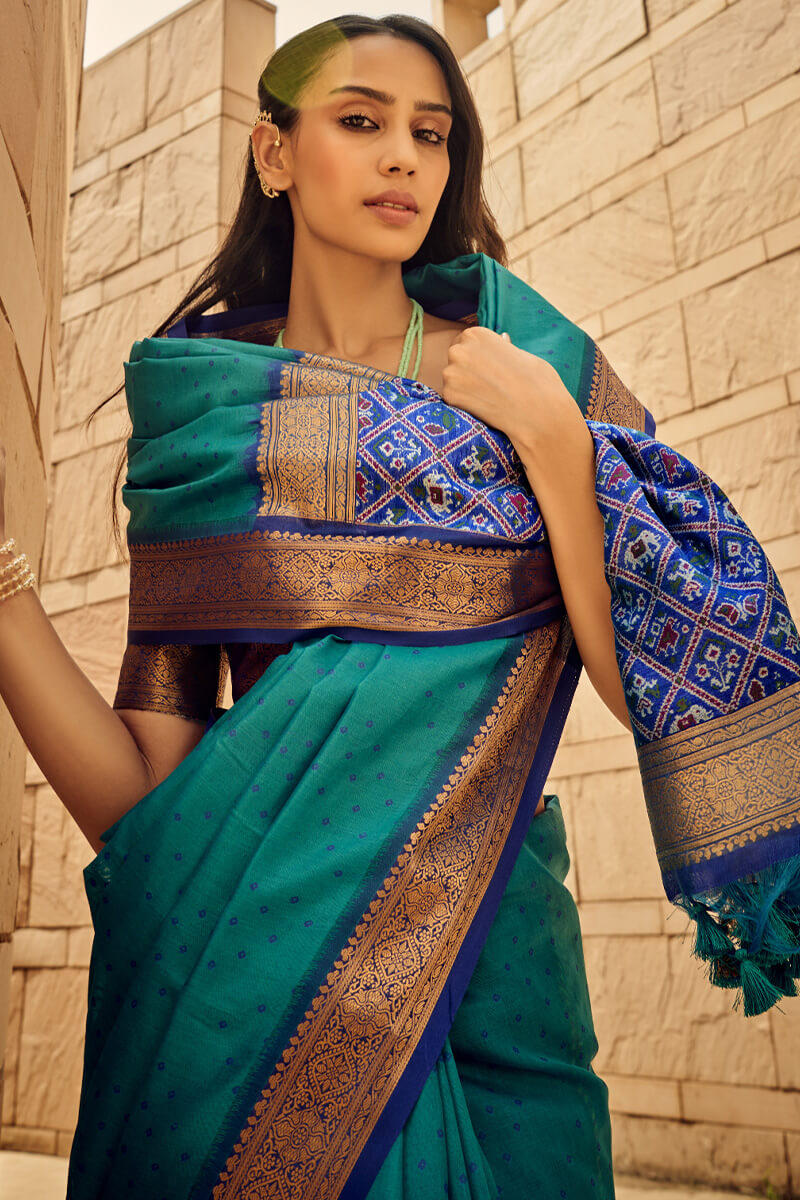 Imbrication Rama Patola Silk Saree with Ebullience Blouse Piece