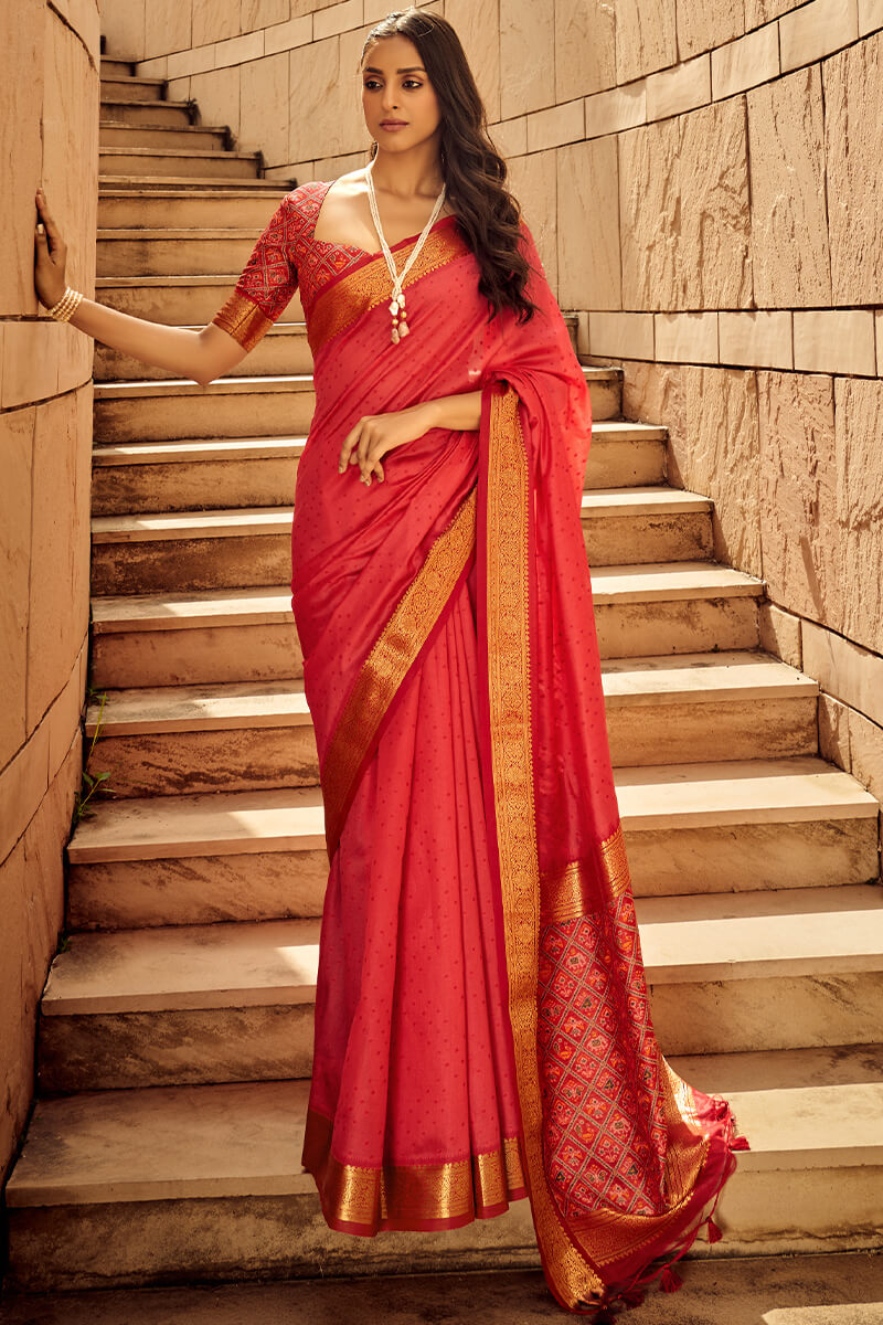 Breathtaking Red Patola Silk Saree with Intricate Blouse Piece