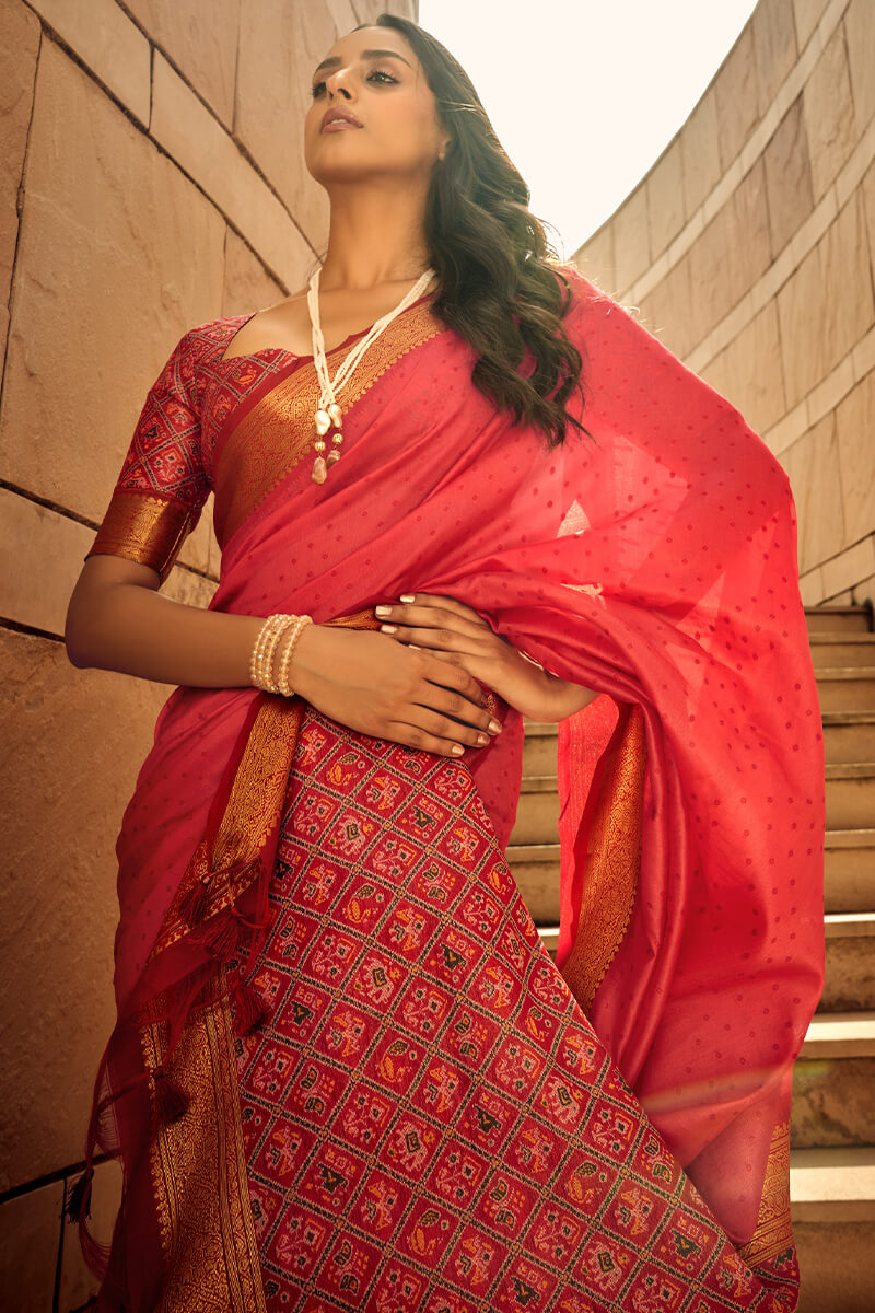 Breathtaking Red Patola Silk Saree with Intricate Blouse Piece