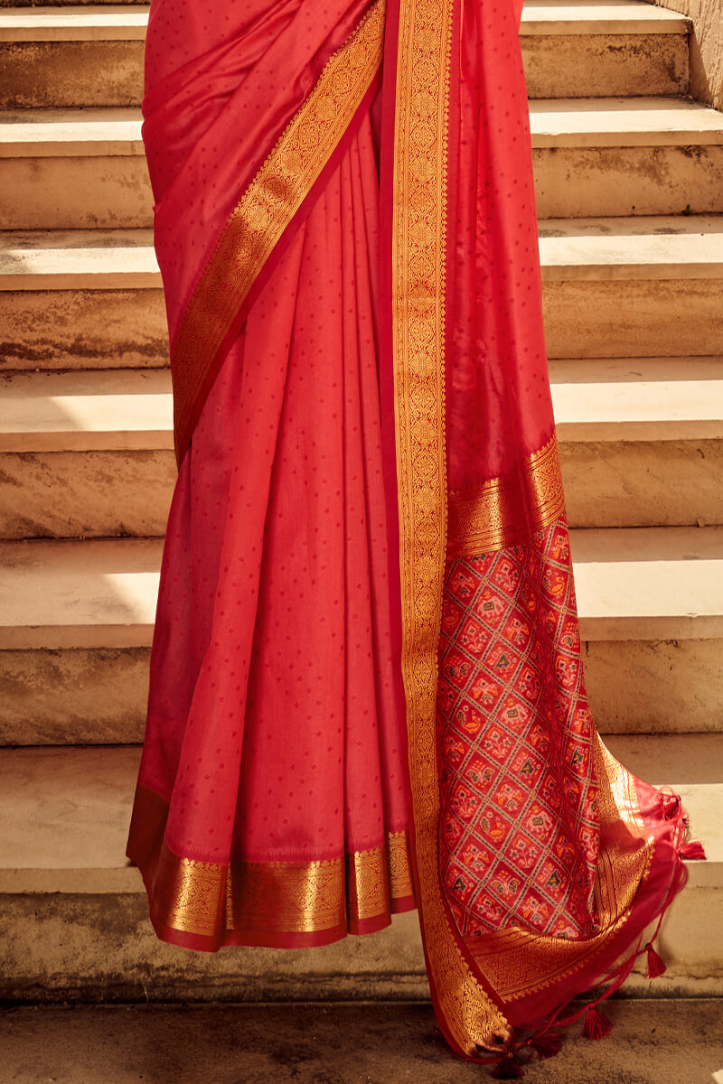 Breathtaking Red Patola Silk Saree with Intricate Blouse Piece