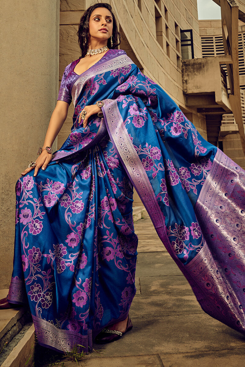 Grandiose Navy Blue Soft Banarasi Silk Saree With Effulgent Blouse