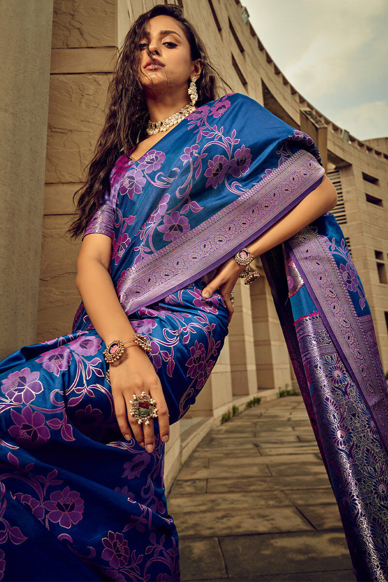 Grandiose Navy Blue Soft Banarasi Silk Saree With Effulgent Blouse