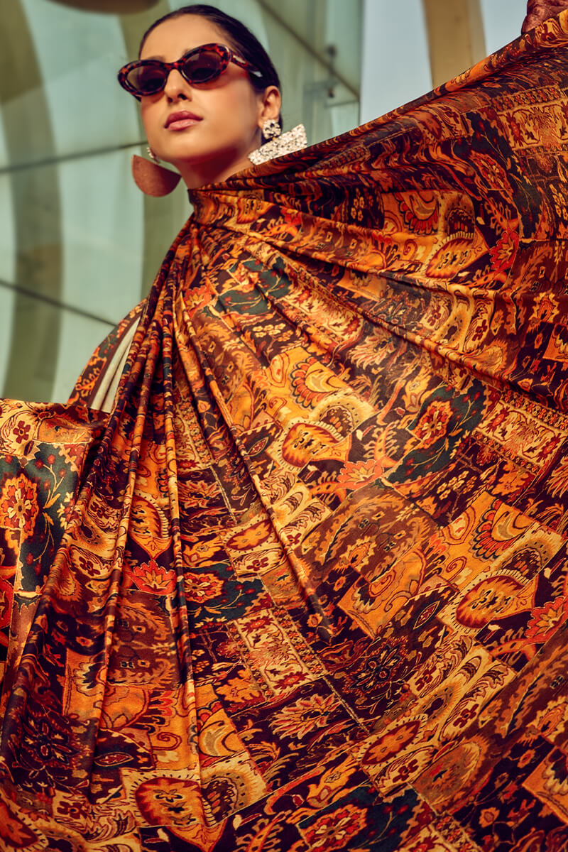 Beguiling Brown Digital Printed Satin Silk Saree With Embellished Blouse Piece