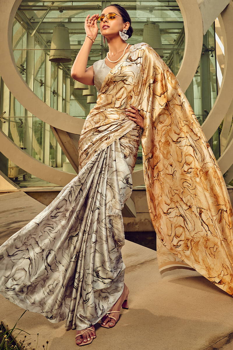 Grandiose Grey and Beige Digital Printed Satin Silk Saree With Quixotic Blouse Piece