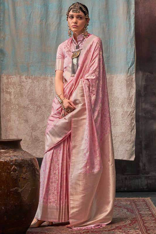 Blissful Pink Banarasi Satin Silk Saree With Ethnic Blouse