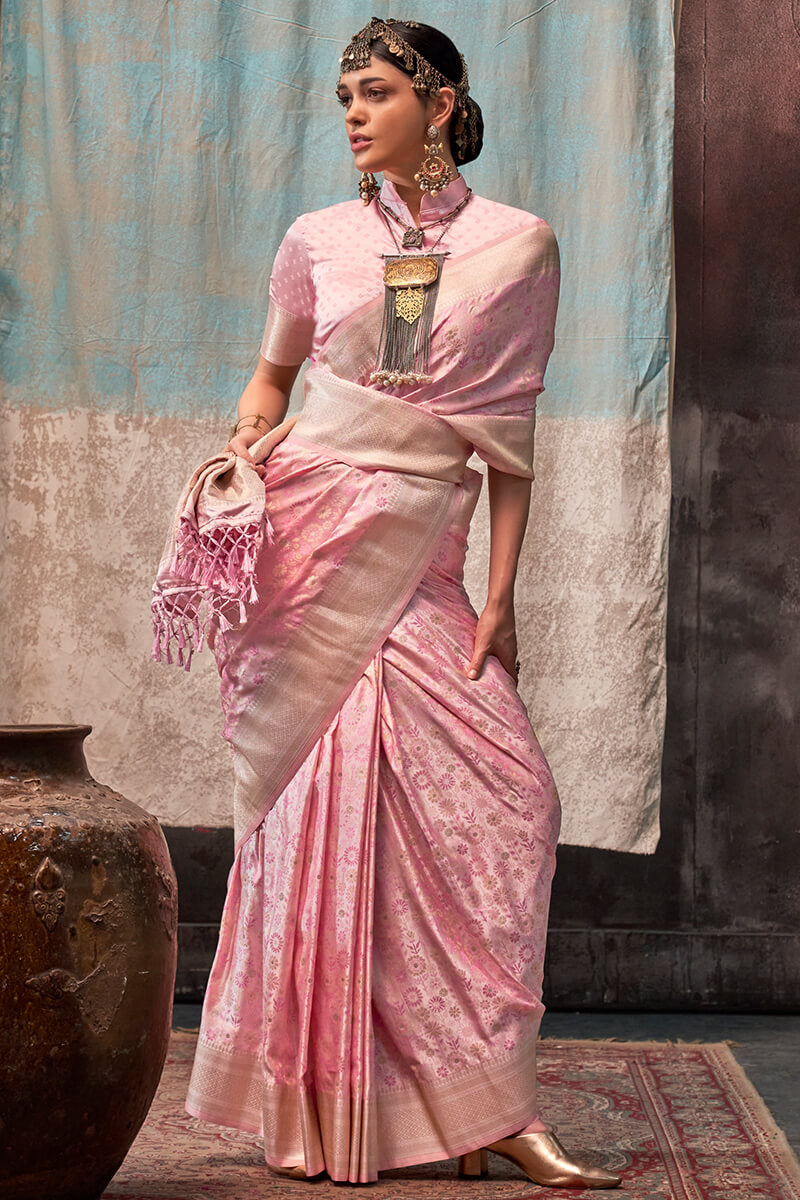 Blissful Pink Banarasi Satin Silk Saree With Ethnic Blouse