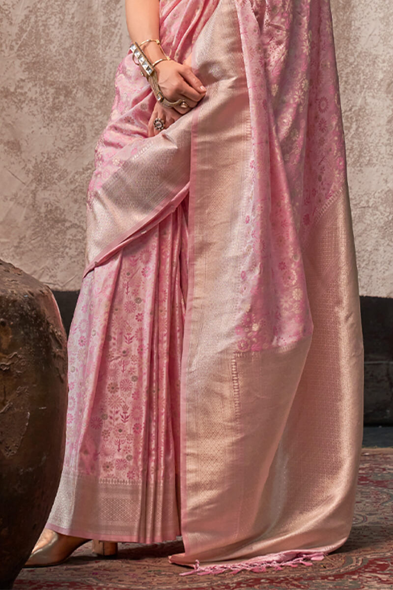 Blissful Pink Banarasi Satin Silk Saree With Ethnic Blouse