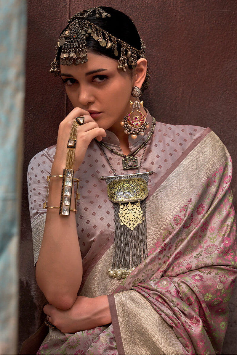 Desiring Light Pink Banarasi Satin Silk Saree With Gratifying Blouse