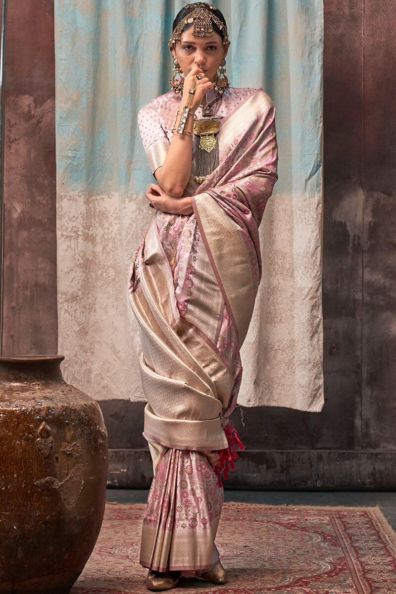 Desiring Light Pink Banarasi Satin Silk Saree With Gratifying Blouse