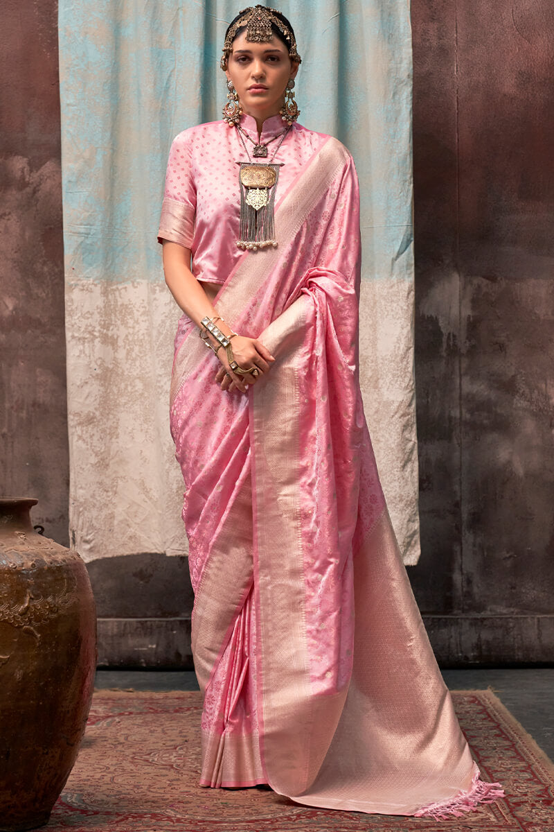 Majesty Pink Banarasi Satin Silk Saree With Twirling Blouse