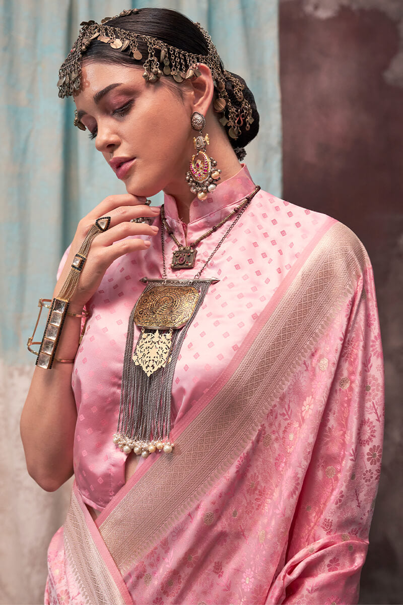 Majesty Pink Banarasi Satin Silk Saree With Twirling Blouse