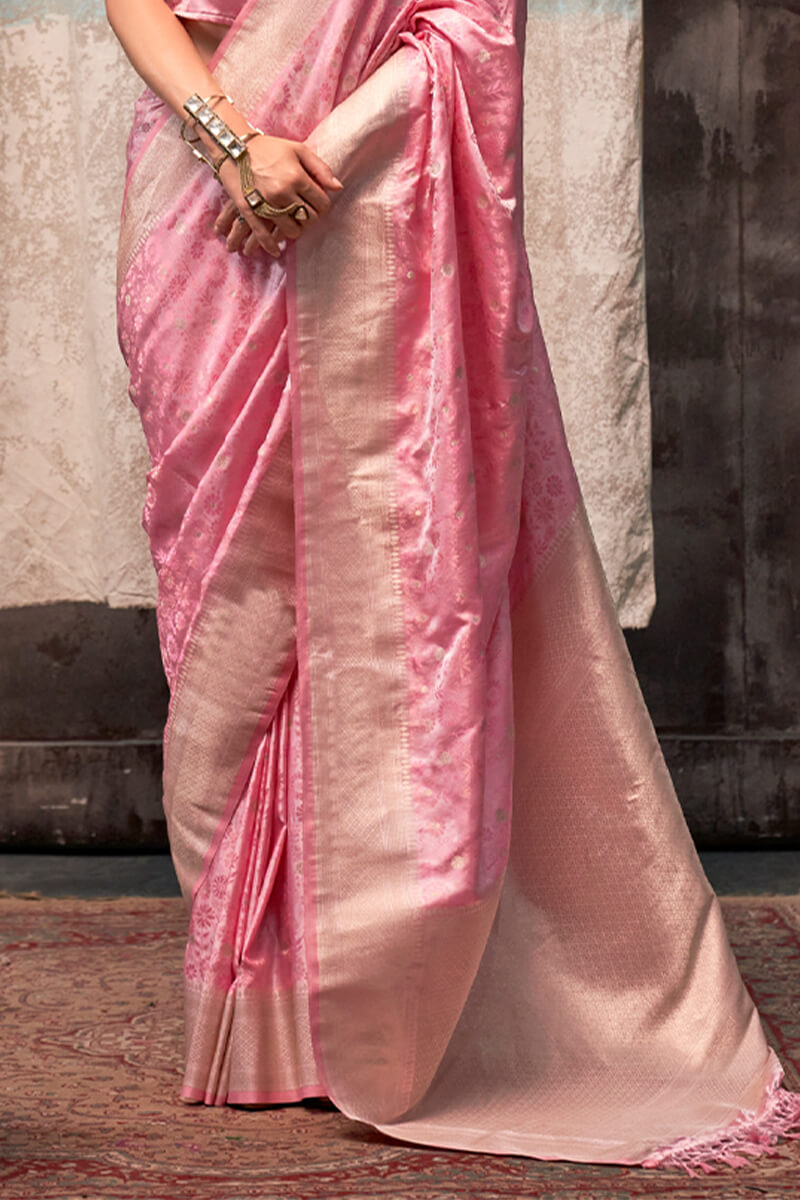 Majesty Pink Banarasi Satin Silk Saree With Twirling Blouse