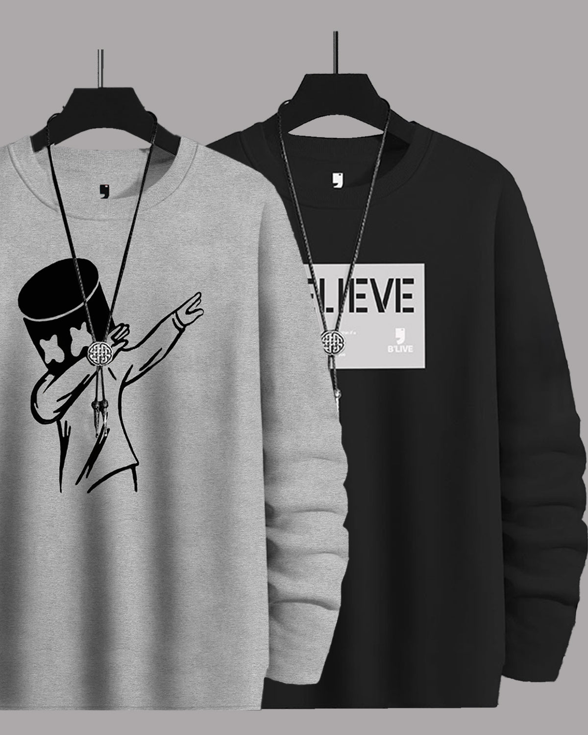 (Pack of 2) Men Full Sleeve Marshmellow & Believe Printed T-shirts Combo | Grey & Black