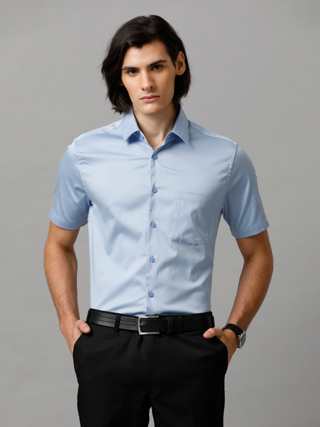 Aldeno Men Solid Formal Light Blue Shirt (SABBL)