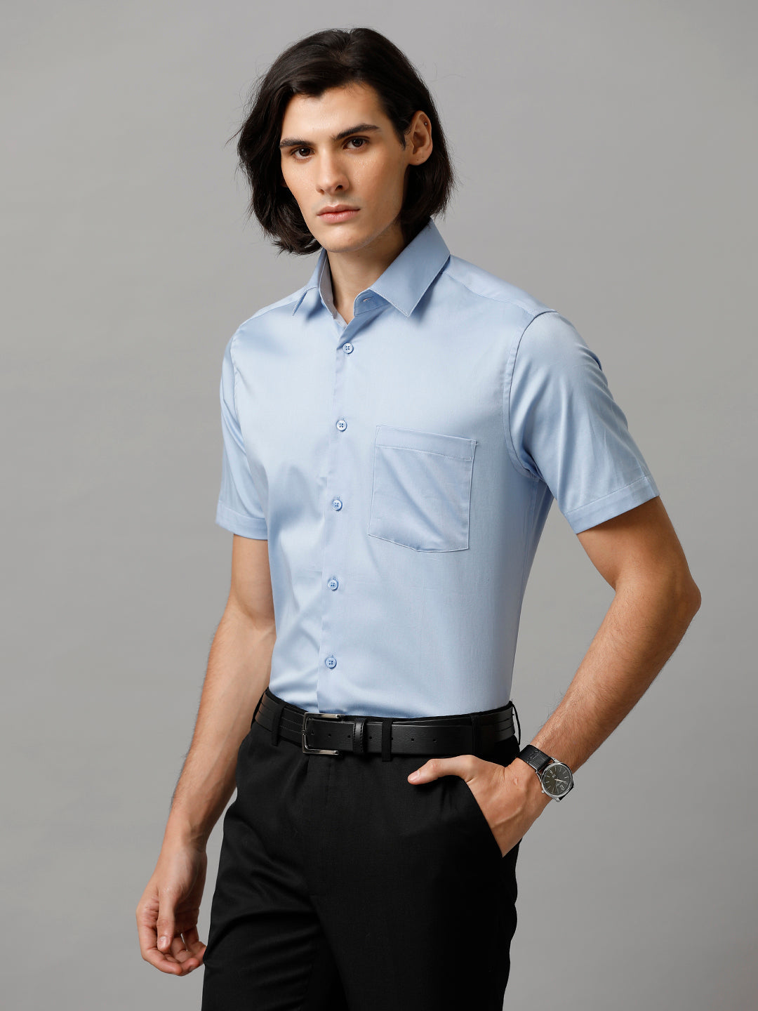 Aldeno Men Solid Formal Light Blue Shirt (SABBL)